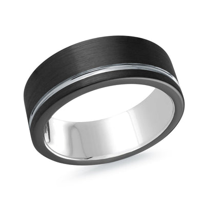 MALO brushed black tungsten ring with polished silver center line comfort fit band TG-055 modern wedding ring