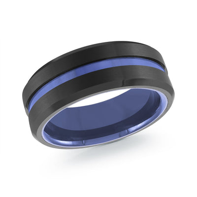 MALO matte black tungsten ring with blue center line and blue interior comfort fit band TG-067 modern wedding ring