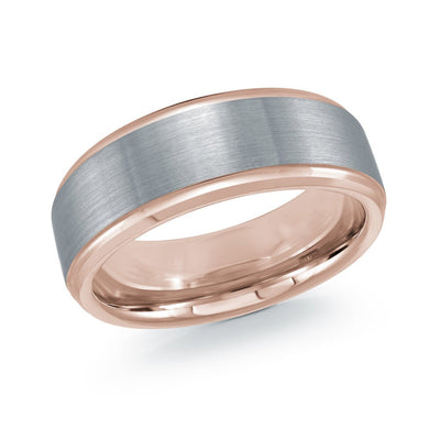 MALO two-tone tungsten ring brushed silver center with rose gold edges and interior comfort fit band TG-069 modern wedding ring