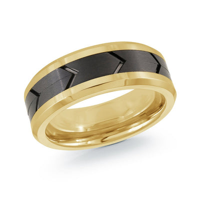 MALO two-tone yellow gold tungsten ring with black center geometric grooves comfort fit band TG-070 modern wedding ring