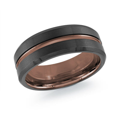 MALO matte black tungsten ring with rose gold center line and rose gold interior comfort fit band TG-071 modern wedding ring