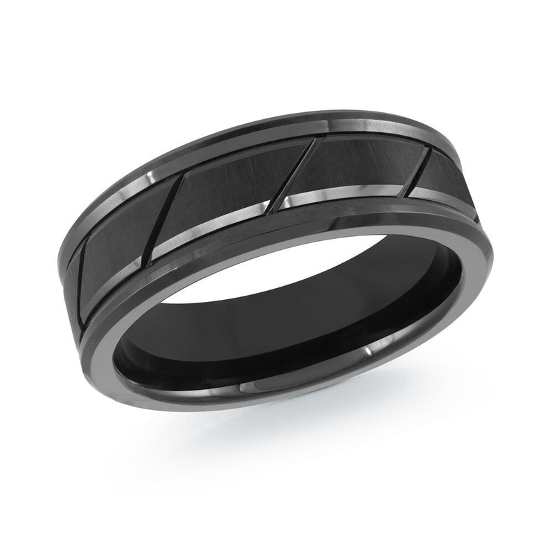 MALO brushed black tungsten ring with diagonal groove design comfort fit band TG-075 modern statement wedding ring