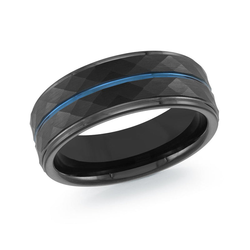 MALO faceted black tungsten ring with blue center line comfort fit band TG-076 modern statement wedding ring