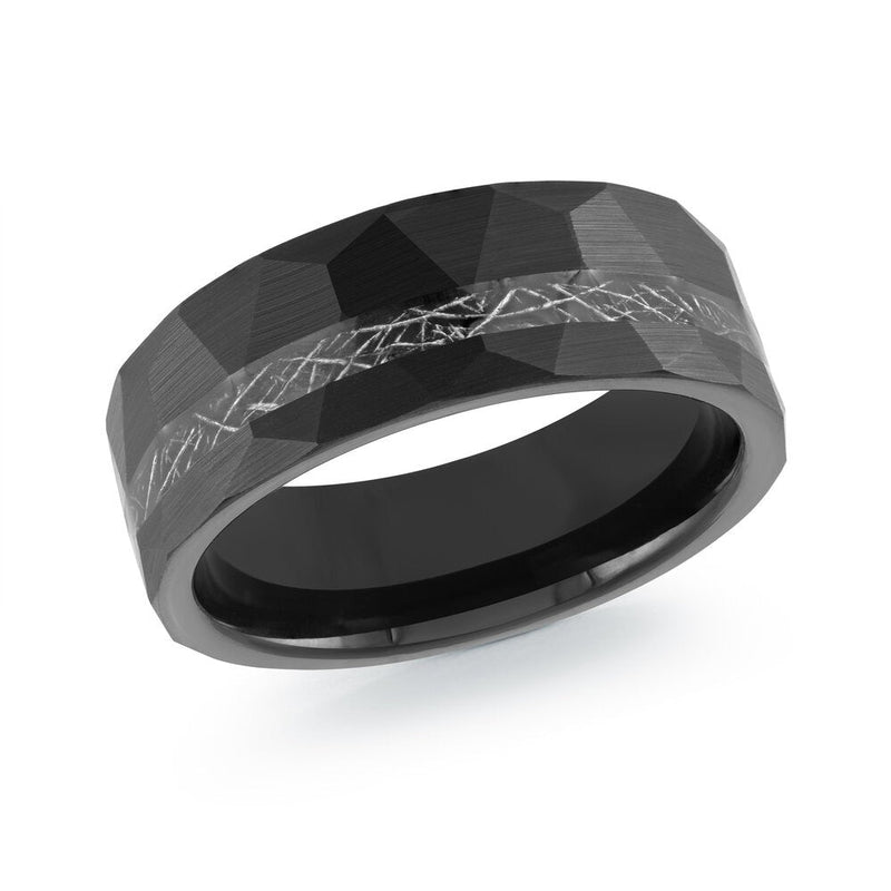 MALO faceted black tungsten ring with textured center inlay comfort fit band TG-078 modern statement wedding ring