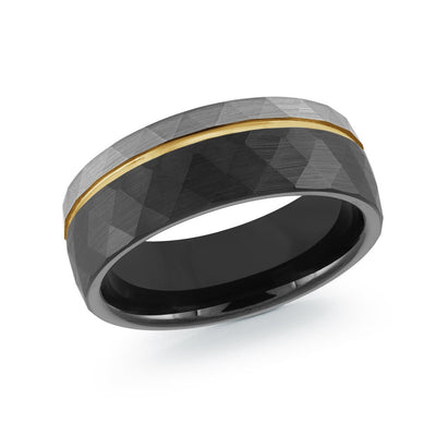 MALO faceted gunmetal tungsten ring with yellow gold center stripe comfort fit band TG-079 modern wedding ring