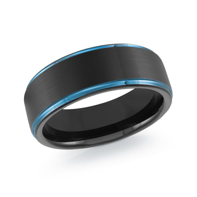 MALO matte black tungsten ring with polished blue edges comfort fit band TG-080 modern two-tone wedding ring