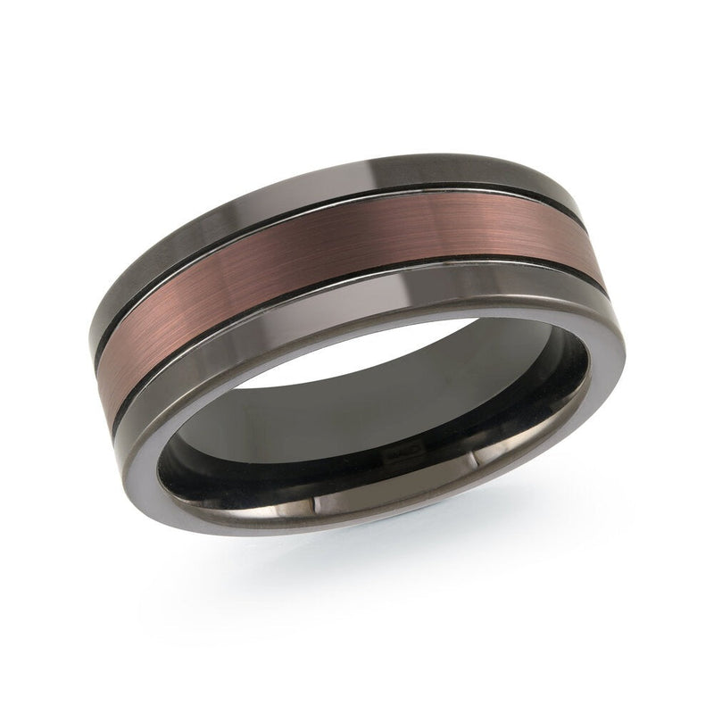MALO gunmetal tungsten ring with brushed rose gold center stripe comfort fit band TG-081 modern two-tone wedding ring