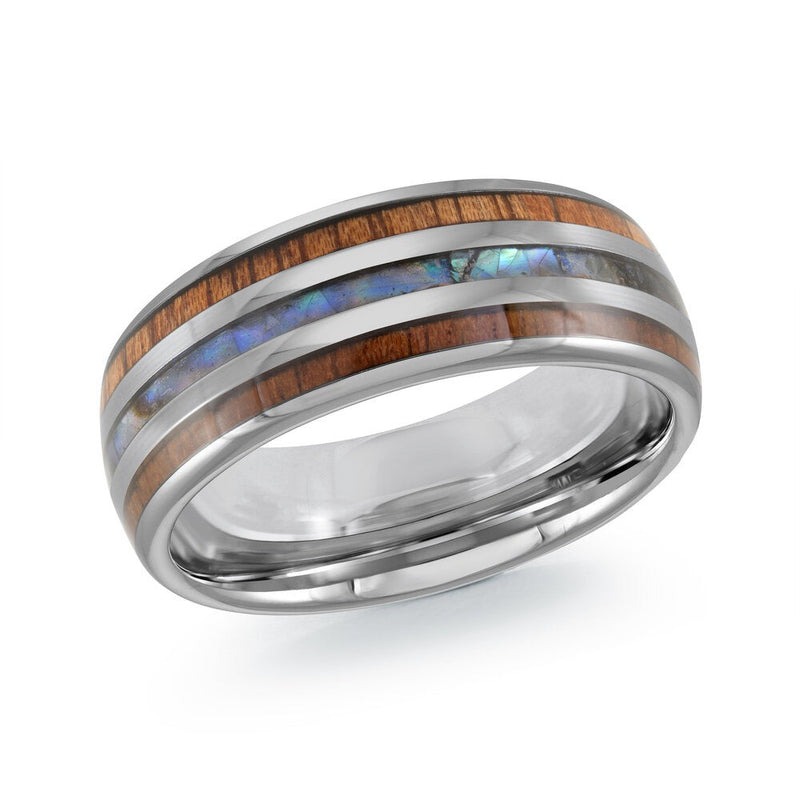 MALO polished tungsten ring with wood inlay and blue opal center comfort fit band TG-082 modern unique wedding ring
