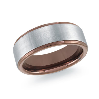 Shop MALO two-tone tungsten ring with brushed silver center and rose gold edges (TG-083). Comfort fit modern wedding band for everyday wear.