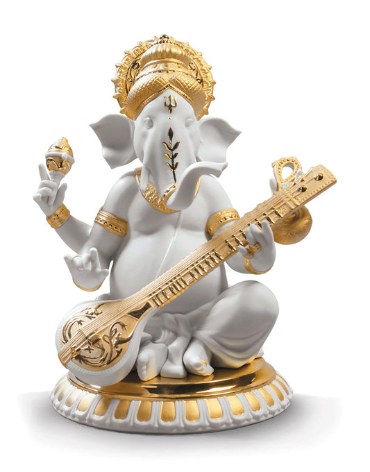Veena Ganesha Figurine. Golden Lustre