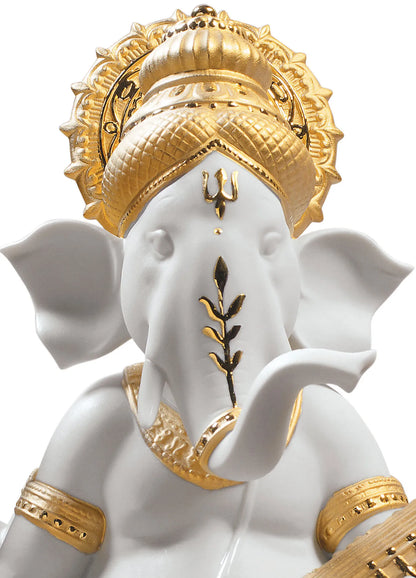Veena Ganesha Figurine. Golden Lustre