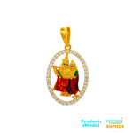 The product you described appears to be a 22kt gold pendant featuring the divine couple of Radha and Krishna with Minakari work set in an oval shape, embellished with cubic zirconia’s. Radha and Krishna are revered as the epitome of divine love in Hindu mythology.  4.3 gm / Yellow Gold / 3.2 cm/1.8 cm