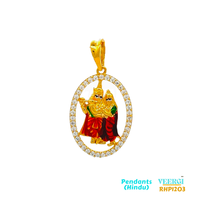 The product you described appears to be a 22kt gold pendant featuring the divine couple of Radha and Krishna with Minakari work set in an oval shape, embellished with cubic zirconia’s. Radha and Krishna are revered as the epitome of divine love in Hindu mythology.  4.3 gm / Yellow Gold / 3.2 cm/1.8 cm