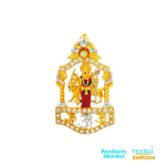 The product you described appears to be a 22kt gold pendant featuring the image of Sheran wali ma with Minakari and Rhodium work in a temple-style setting, surrounded by cubic zirconia stones. The pendant also has the Om symbol on its base.  6.6 gm / Yellow Gold / 3.4 cm/2.0 cm