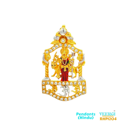 The product you described appears to be a 22kt gold pendant featuring the image of Sheran wali ma with Minakari and Rhodium work in a temple-style setting, surrounded by cubic zirconia stones. The pendant also has the Om symbol on its base.  6.6 gm / Yellow Gold / 3.4 cm/2.0 cm