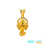 22kt gold pendant featuring the head of Lord Ganesh ji with a halo, eyes, and tikka made with Minakari. Lord Ganesh ji is one of the most revered deities in Hinduism, known as the remover of obstacles and the god of new beginnings.  2.4 gm / Yellow Gold / 2.5 cm/1.2 cm