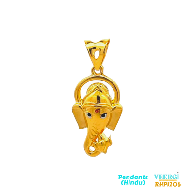 22kt gold pendant featuring the head of Lord Ganesh ji with a halo, eyes, and tikka made with Minakari. Lord Ganesh ji is one of the most revered deities in Hinduism, known as the remover of obstacles and the god of new beginnings.  2.4 gm / Yellow Gold / 2.5 cm/1.2 cm