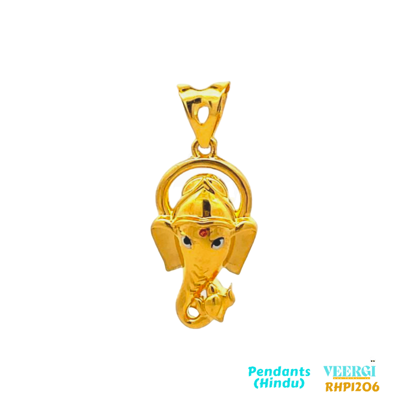 22kt gold pendant featuring the head of Lord Ganesh ji with a halo, eyes, and tikka made with Minakari. Lord Ganesh ji is one of the most revered deities in Hinduism, known as the remover of obstacles and the god of new beginnings.  2.4 gm / Yellow Gold / 2.5 cm/1.2 cm