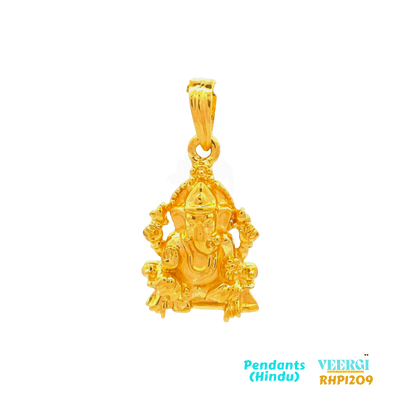 22kt gold pendant featuring the deity Lord Ganesh ji sitting. Lord Ganesh ji is one of the most revered deities in Hinduism, known as the remover of obstacles and the god of new beginnings. 3.2 gm / Yellow Gold / 2.5 cm/1.2 cm