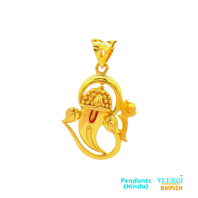 22kt gold pendant featuring the Hindu deity Lord Ganesha’s head with a halo. Lord Ganesha is one of the most revered deities in Hinduism, known as the remover of obstacles and the god of new beginnings. 5.0 gm / Yellow Gold / 3 cm/1.8 cm