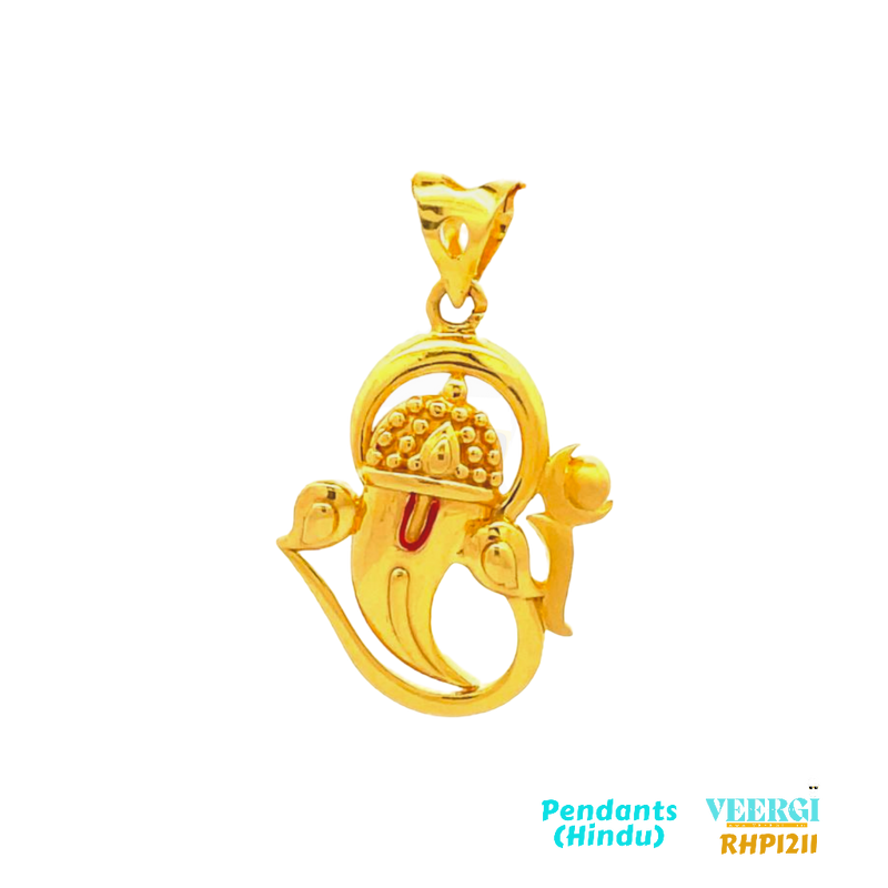 22kt gold pendant featuring the Hindu deity Lord Ganesha’s head with a halo. Lord Ganesha is one of the most revered deities in Hinduism, known as the remover of obstacles and the god of new beginnings. 5.0 gm / Yellow Gold / 3 cm/1.8 cm