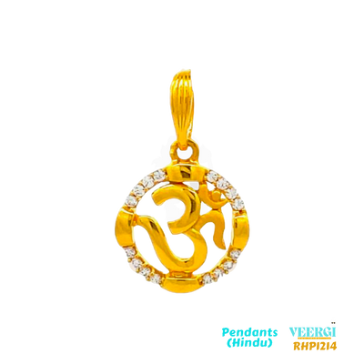 22kt gold pendant featuring an Om symbol set in a glossy finish circle with Cubic Zirconias set on it. The Om symbol is a sacred sound and spiritual icon in Hinduism, Buddhism, and Jainism, and represents the essence of the universe, the ultimate reality, and consciousness. 1.9 gm / Yellow Gold / 2 cm/1.4 cm