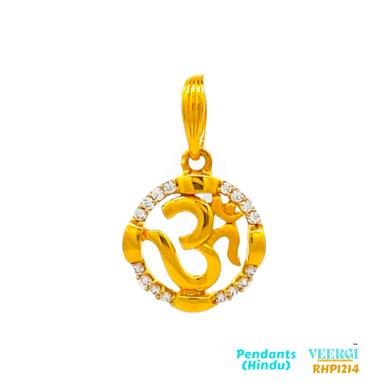 22kt gold pendant featuring an Om symbol set in a glossy finish circle with Cubic Zirconias set on it. The Om symbol is a sacred sound and spiritual icon in Hinduism, Buddhism, and Jainism, and represents the essence of the universe, the ultimate reality, and consciousness. 1.9 gm / Yellow Gold / 2 cm/1.4 cm