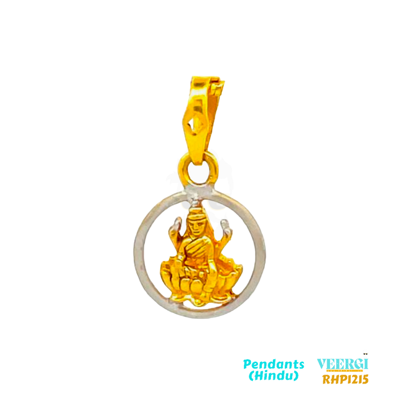 22-karat yellow gold Hindu pendant featuring the image of Ma Laxmi ji (Goddess Lakshmi). The pendant is designed with Ma Laxmi ji positioned inside a ring of Rhodium. It is part of the Pendants (Hindu) collection with the code RPH1215. The pendant weighs 1.5 grams and has dimensions of approximately 2 cm by 1.2 cm.