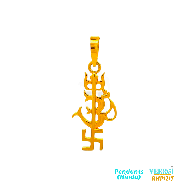  22-karat gold Hindu pendant featuring the symbols of Trishool (trident), Om, and Svastika, all in a gloss finish. The pendant is part of the Pendants (Hindu) collection with the code RPH1217. It weighs 2.0 grams and has dimensions of approximately 3 cm by 1.3 cm.
