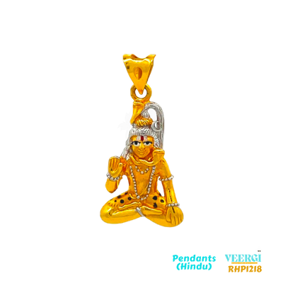 22kt gold pendant featuring a two-tone design with yellow and rhodium plating. The pendant depicts Lord Shiva sitting, with the main body and jewelry in yellow gold, and the hair and representation of the Ganga river in rhodium. Weight: 4.2 gm. SKU: RHP2018.