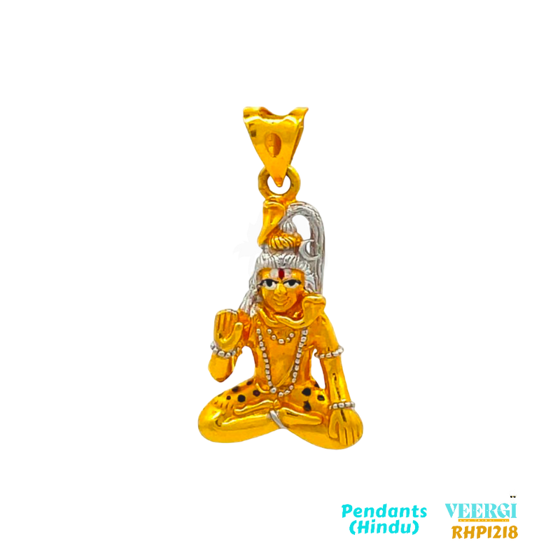 22kt gold pendant featuring a two-tone design with yellow and rhodium plating. The pendant depicts Lord Shiva sitting, with the main body and jewelry in yellow gold, and the hair and representation of the Ganga river in rhodium. Weight: 4.2 gm. SKU: RHP2018.