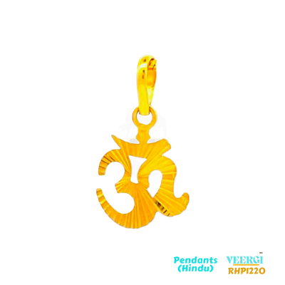 "22kt gold Hindu pendant in all yellow gold featuring the Om symbol. The pendant has a Line of Sand finish and glossy finish, creating contrasting textures. SKU: RHP1220. Weight: 0.8 gm."