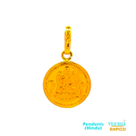 "22kt gold Hindu pendant in all yellow gold featuring a coin with embossed Laxmi ji (Goddess Lakshmi) on it. The glossy pendant is commonly used in Puja and other rituals. SKU: RHP1221. Weight: 1.2 gm."