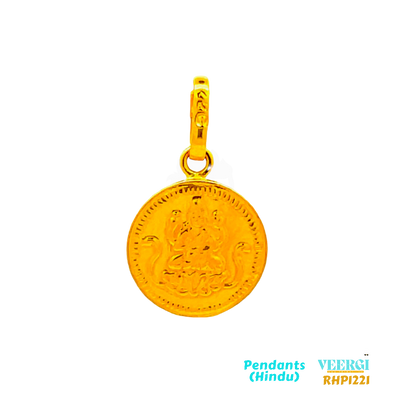 "22kt gold Hindu pendant in all yellow gold featuring a coin with embossed Laxmi ji (Goddess Lakshmi) on it. The glossy pendant is commonly used in Puja and other rituals. SKU: RHP1221. Weight: 1.2 gm."