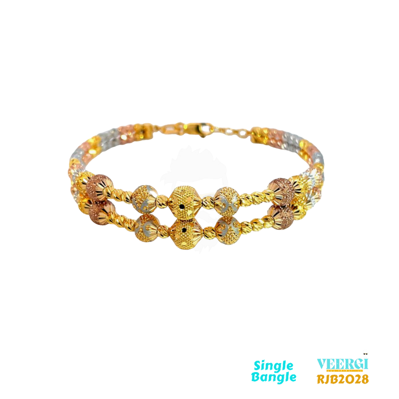 A 22kt gold flexible bangle in tri-color that features rhodium, rose, and yellow gold is a stunning and unique piece of jewelry. Weight: 20.60 gm