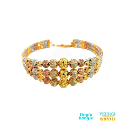 A 22kt gold flexible bangle in tri-color, rhodium, rose, and yellow gold, with a stretchy design and lobster lock, that features three bangles joined together to make one, is a stunning piece of jewelry that is sure to catch the eye. Weight: 31.40 gm