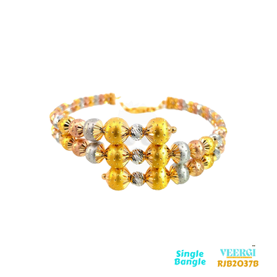 A 22kt gold flexible bangle in tri-color, rhodium, rose, and yellow gold, with a stretchy design and lobster lock, that features three bangles joined together to make one, with graduating balls in three different colors Weight: 29.00 gm