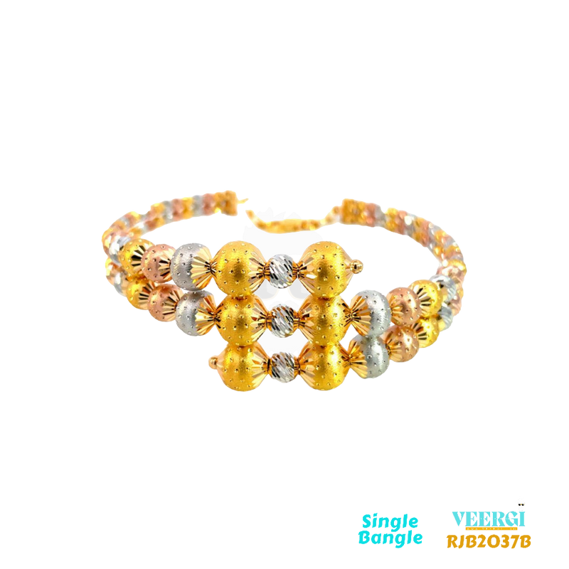 A 22kt gold flexible bangle in tri-color, rhodium, rose, and yellow gold, with a stretchy design and lobster lock, that features three bangles joined together to make one, with graduating balls in three different colors Weight: 29.00 gm
