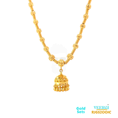 A 22 karat gold chain set is a beautiful piece of jewelry that typically includes a necklace or chain and matching earrings.  Weight: 19.10gm Length of Necklace and Earring 20.50/3.60cm