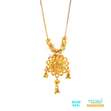 A 22 karat gold chain set with a thin chain and a traditional Indian pendant is a classic and elegant piece of jewelry. The pendant is typically designed in a traditional Indian style and may feature intricate designs and embellishments. Weight: 16.90gm Length of Necklace and Earring 22.50/3.80cm
