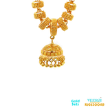 A 22 karat gold chain set with a ball chain that features gold rings and a jhumka-like hanging pendant in the middle is a beautiful and unique piece of jewelry.  Weight: 28.90gm Length of Necklace and Earring 20.00/3.50cm