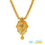 The 22kt gold chain set features a top half chain that consists of gold balls and a bottom half chain that is attached to a pendant. The bottom half chain goes through a gold ring, which adds an interesting design element to the piece. Weight: 24.10gm Length of Necklace and Earring 21.50/3.50cm