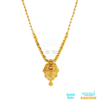 The 22kt gold chain set features a top half chain that consists of gold balls and a bottom half chain that is attached to a pendant. The bottom half chain goes through a gold ring, which adds an interesting design element to the piece. Weight: 24.10gm Length of Necklace and Earring 21.50/3.50cm