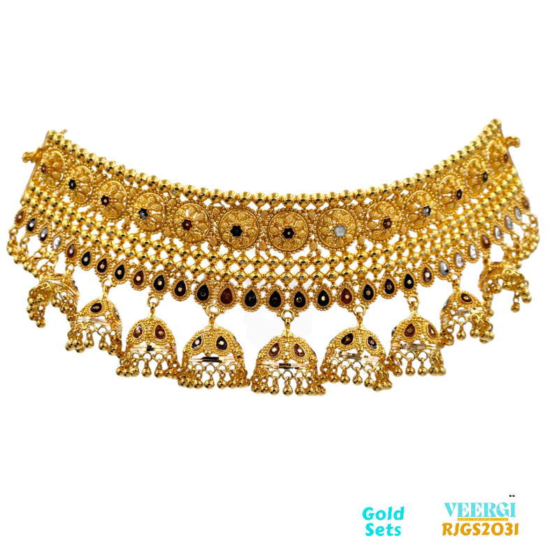 This set includes a choker necklace and matching earrings, all made of gold. The choker necklace features a delicate chain design with small gold beads, The pendant has a intricate floral design.  92.80 gm / Yellow Gold / 22kt Gold