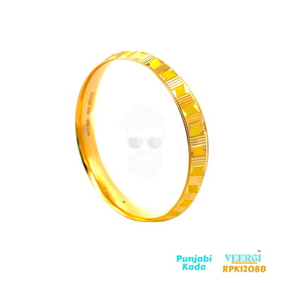 VeerGi Presents, 22kt gold men's kada (bangle) with a checkerboard design made entirely of yellow gold. The kada features both a gloss and sand finish, which adds a unique texture and visual interest to the piece.  63.30 gm / Yellow Gold / 2.14