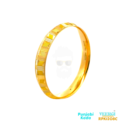 VeerGi Presents, 22kt gold men's kada (bangle) with a checkerboard design made entirely of yellow gold. The kada features both a gloss and sand finish, which adds a unique texture and visual interest to the piece.  63.30 gm / Yellow Gold / 2.14