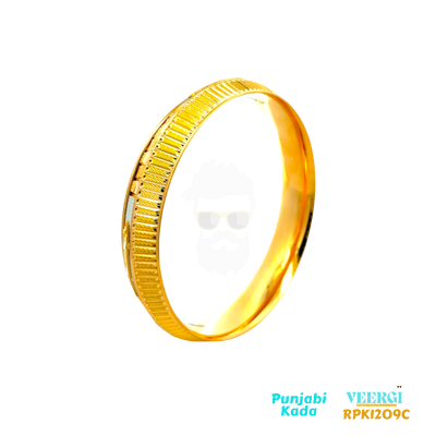 VeerGi Presents, 22kt gold men's kada (bangle) with a Jaguar embossed design, a checkerboard design with rhodium plating on one side and a line design on the other side. The checkerboard design adds a stylish and modern touch to the kada, while the line design offers a more classic and elegant look.  60.96 gm / 2 Tone / 2.1