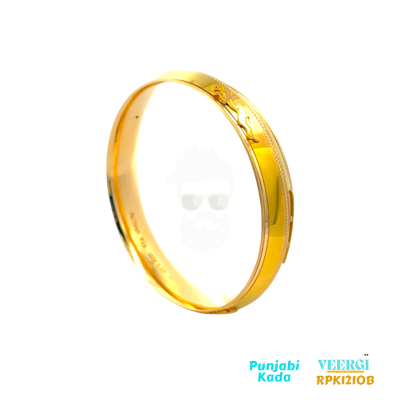 VeerGi Presents, 22kt gold men's kada (bangle) with a Jaguar embossed design, a dotted rhodium line in the middle, and a comfort fit. The Jaguar is a powerful and iconic animal known for its strength, agility, and grace, and is often associated with confidence and courage. 66.41 gm / Yellow Gold / 2.1