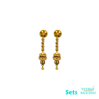 A 22kt gold set with a long design in yellow gold and adorned with White Meenakari would be a stunning and unique piece of jewelry. Meenakari, also known as enamel work. 63.9 gm