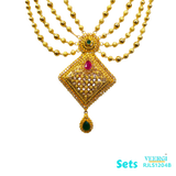 A 22kt gold Indian traditional set with 4 lines and cubic zirconia stones, featuring ruby and emerald stones, In addition to cubic zirconia stones, the set would also feature ruby and emerald stones. 91.8 gm